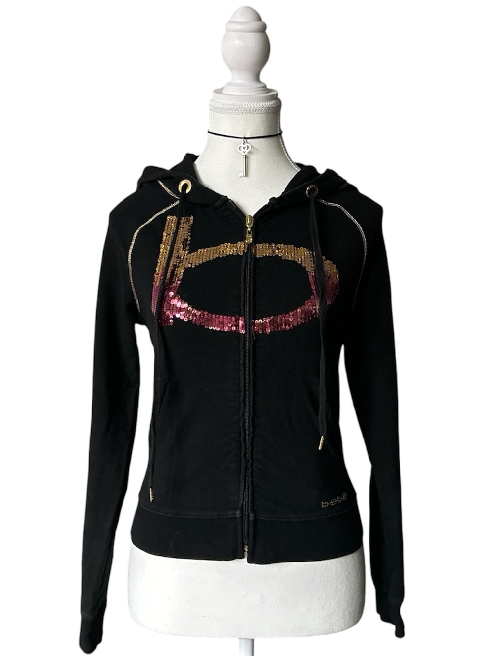 Y2K “Bebe” Black and Gold Graphic Sequin Style Zip-up Hoodie